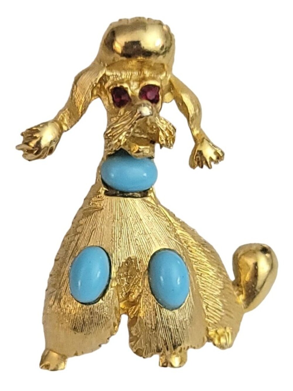 PELL Gold Tone Blue Oval Cabochon Poodle Dog Brooch Pin, Signed M419